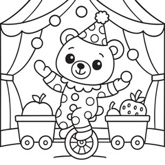 A delightful black and white line drawing of a teddy bear dressed in a colorful clown costume as it rides joyfully on a train