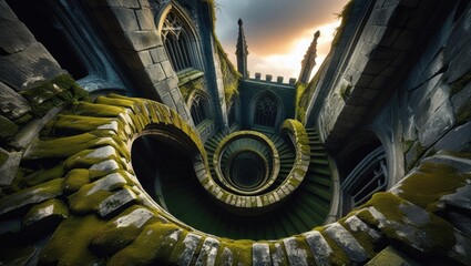 A majestic, spiraling staircase constructed from weathered