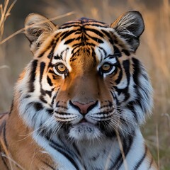 Fototapeta premium Wild Bengal tiger portrait with striking black stripes, a powerful feline predator in nature