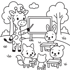 A tall giraffe is confidently giving a presentation to an audience of various animals gathered around to listen intently