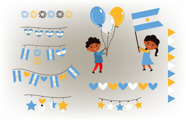 Icon set of Independence Day in Argentina. Happy children from Argentina celebrating with balloons, flag, garlands and fireworks. cartoon flat vector illustration	
