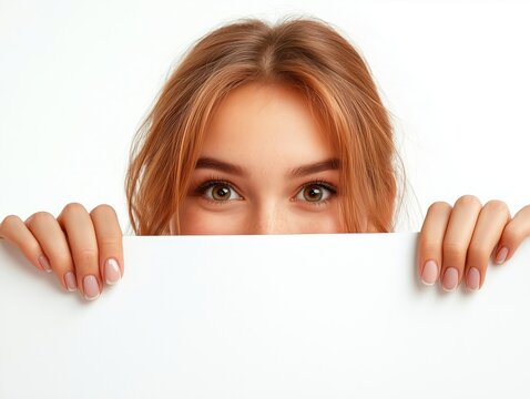 A close-up of a woman peeking over a white surface with a playful expression. Her eyes and neatly manicured hands are the focal points of the image.