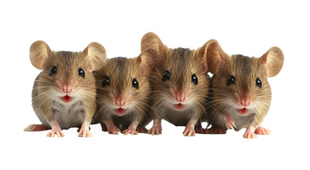 Four curious mice with detailed fur textures and bold expressions on transparency background