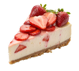 Delicious strawberry cheesecake slice with fresh berries and creamy filling on transparency background