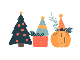 Colorful holiday themed illustration featuring Christmas tree, party hats, pumpkin, and gift