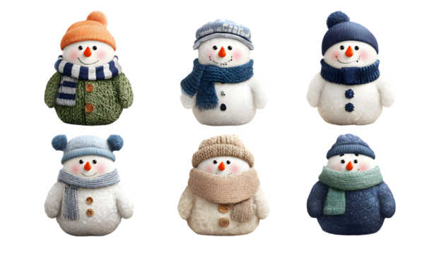 set of adorable snowmen in winter attire isolated on transparent background