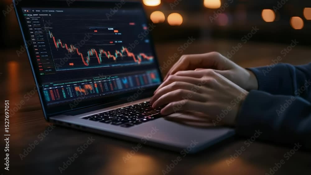 Poster Stock market trader working on laptop at night, analyzing graphs and charts, making investment decisions in a dimly lit room with bokeh lights in the background