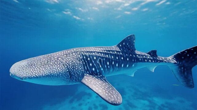 Whale shark ocean underwater marine blue aquatic fish swimming tropical peaceful wildlife, majestic whale shark gliding gracefully through clear blue water, showcasing its unique spotted pattern