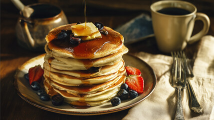 Delicious Stack of Buttery Pancakes with Berries and Syrup A Perfect Breakfast