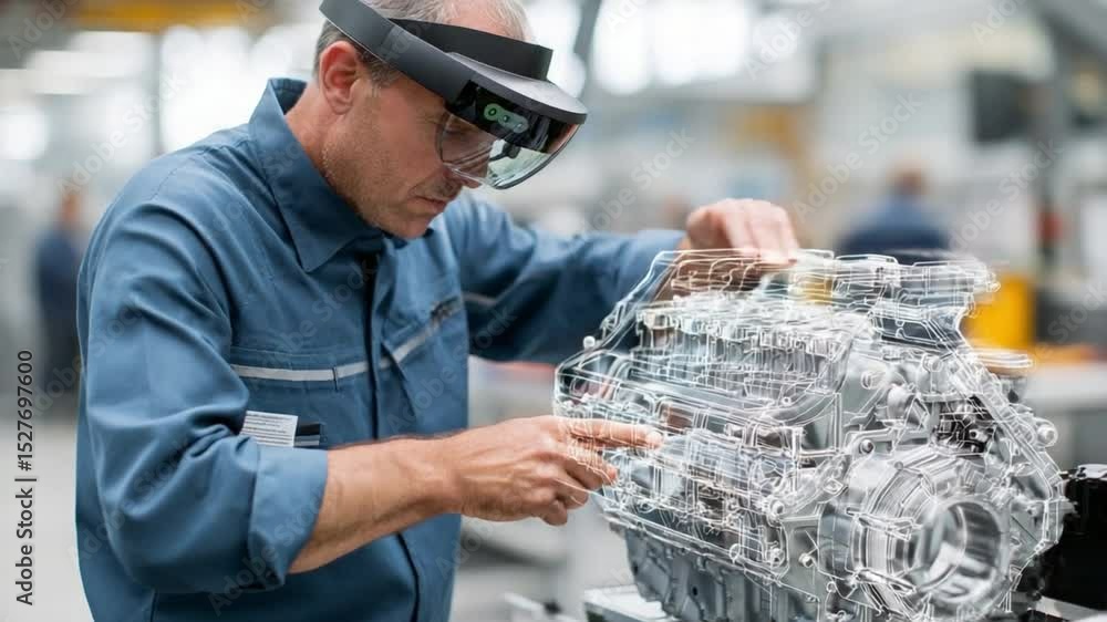 Aufkleber augmented reality in action: a focused engineer wearing ar glasses examines a complex engine, integr