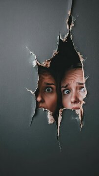 Frightened young women cowering behind damaged wall, nervously peeking through hole while experiencing intense anxiety during mysterious post apocalyptic scenario