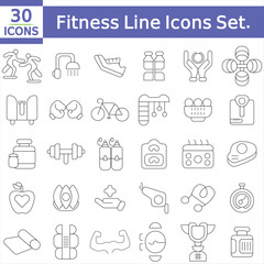 Fitness Line Icons Set. Health, Healthy Lifestyle, Wellbeing, Exercise, Health Care, Sport, Workout Editable