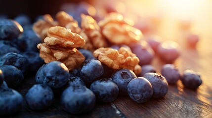 Fresh blueberries and walnuts arranged on wooden table, healthy brain food concept for memory improvement and Alzheimer prevention, superfood nutrition and wellness lifestyle.