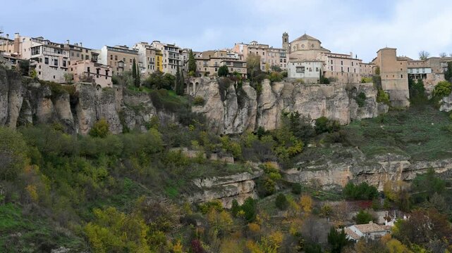 In Spain's Castilla-La Mancha region, the city of Cuenca's famous Hanging Houses (Casas Colgadas) are seen built into the cliffside on a winter day.