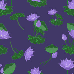 Lavender Lotus Flowers and Green Leaves on a Deep Purple Background Seamless Pattern designed for wallpaper, textile, wrapping, fabric print, decoration.
