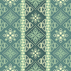Tribal Geometric Pattern with Teal, Mint, and Cream Motifs and Vertical Stripes Seamless Design