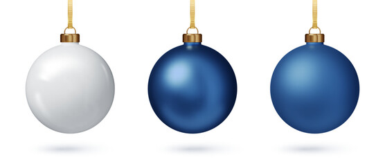 Blue Christmas bauble set PNG. 3D Realistic ornaments for holiday tree or festive project. Vector EPS.
