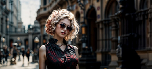 Young Woman wearing black and red floral dress in a street the background features historic architecture with ornate details and blurred few people walking in the distance2