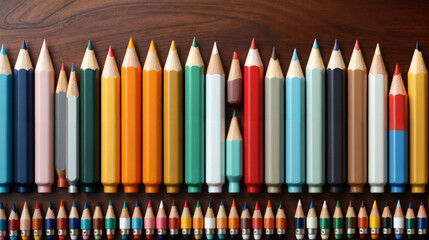 Collection of colored pencils neatly arranged in rows with others almost used small pencils on a wooden surface background