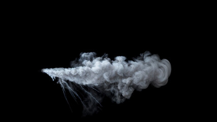 Start of a White Steam Jet gushes from one point with strong Pressure like a Leak into a pipe on a Black Background