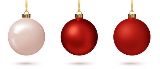 Red Christmas bauble set. 3D Realistic ornaments for holiday tree or festive project. Vector EPS. PNG