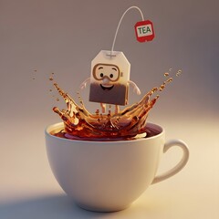 Splashing Tea Bag Cartoon in Cup