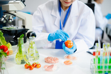 Two Asian scientists in a lab conducting food research using a microscope and lab equipment,...