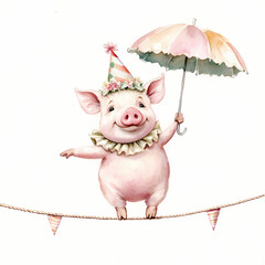Pig balancing on a tightrope with an umbrella during a festive celebration Generative AI