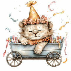 Cute lion cub in a wagon celebrating with party decorations and a hat Generative AI