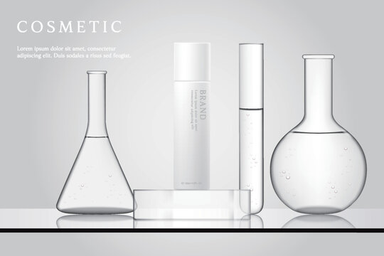 Cosmetic product ads template on gray lab background with laboratory glassware.