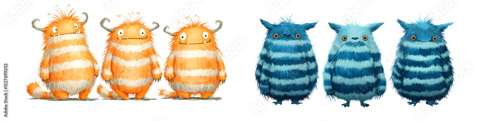 Poster set of striped monsters in different colors. isolated on transparent background