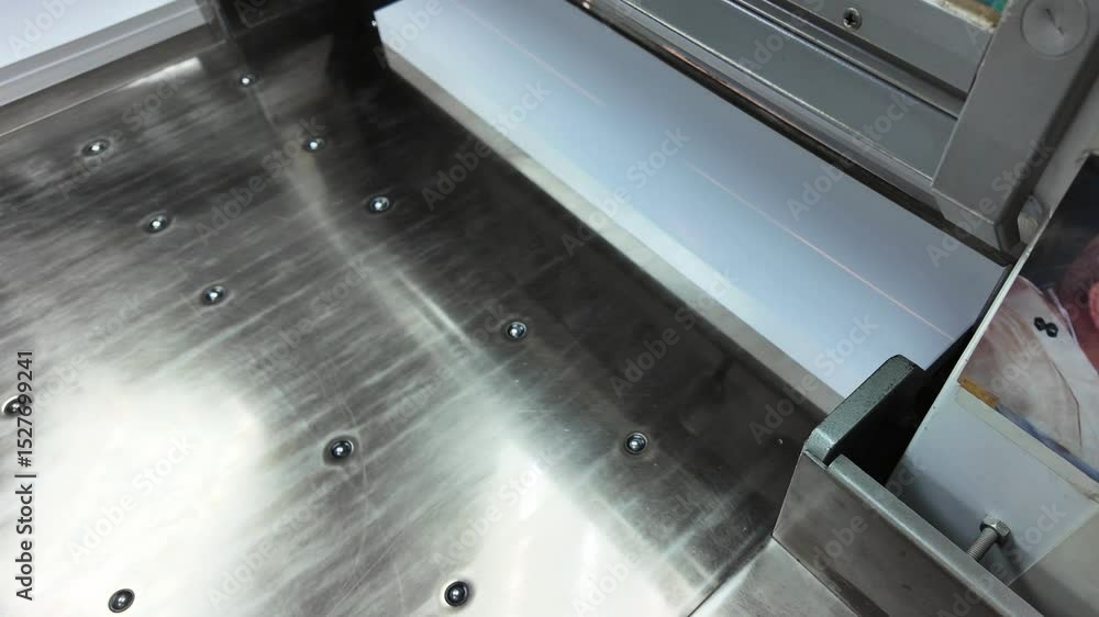 Poster a skilled operator expertly trims a stack of paper using a guillotine in a lithographic printing env