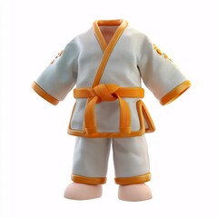 Judo gi and belt displayed in 3D, isolated on a white backdrop, with playful plastic texture.