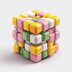 Brain teaser cube puzzle in 3D, set against a white surface with cartoon plastic style.
