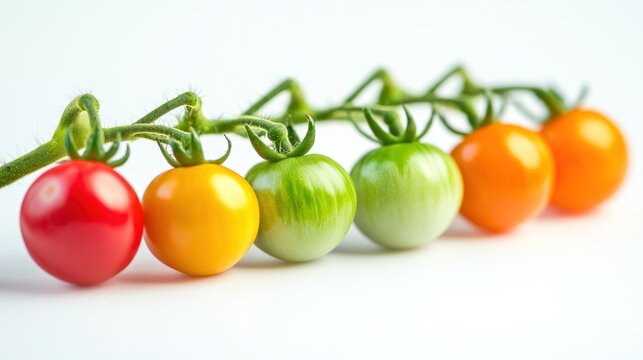 Colorful gradation of cherry tomatoes on the vine against a white backdrop