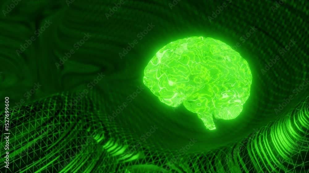 Poster glowing green human brain above abstract digital mesh background. artificial intelligence and neural
