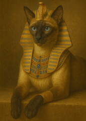 Majestic Siamese Cat Dressed as an Ancient Egyptian Goddess or Pharaoh. Regal feline portrait, historical fantasy, Bastet inspiration, mystical animal art, cultural heritage