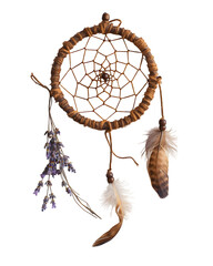 Dreamcatcher crafted from twisted twine and dried lavender sprigs, delicate feather accents, isolated on clean white background, boho artisan aesthetic, soft side lighting creating gentle depth