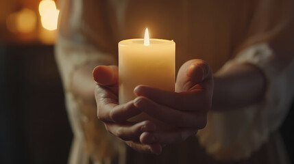 Holding a candle in a dimly lit room during a tranquil evening Generative AI