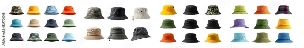 Poster set of variety of bucket hats in different colors and patterns. isolated on transparent background