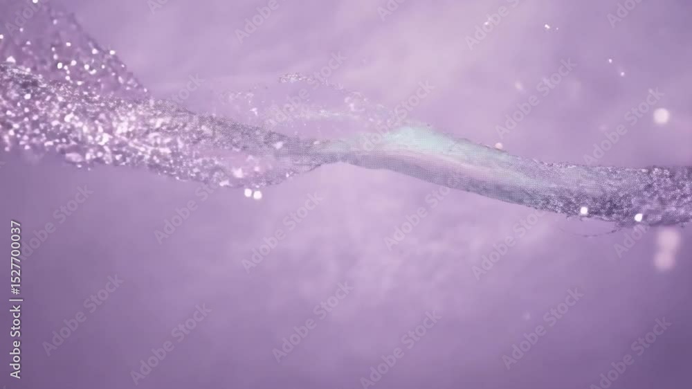 Poster serene water waves splashing against soft purple background, creating calming atmosphere with sparkl
