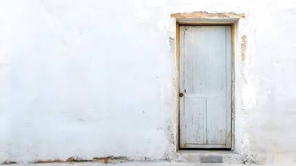 Old wooden door stands against a weathered white wall in daylight Generative AI