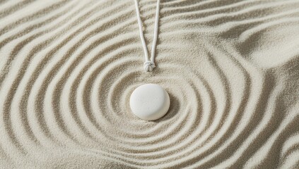 A white stone sits centered in a sand mandala. A white cord hangs down from it