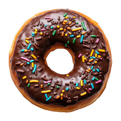 Gourmet chocolate donut with colorful sprinkles isolated on white background, ideal for product showcases and dessert menus