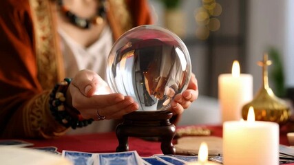 Woman using crystal ball for divination with tarot cards and candles, exploring future and esoteric knowledge indoors on the table