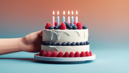 Hand holding a birthday cake with lit candles, decorated with raspberries and blueberries on a pastel gradient background