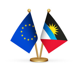EU European Union and Antigua and Barbuda flags mockup 3d illustration. Versus table flags of European Union and Antigua and Barbuda transparent png