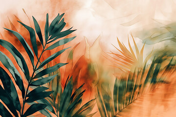Watercolor Painting of Tropical Plants and Exotic Leaves background. Artistic and Elegant Composition with Organic Textures. Generative AI