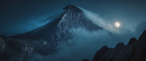 Majestic mountain peak surrounded by mist under a full moon in a serene night landscape