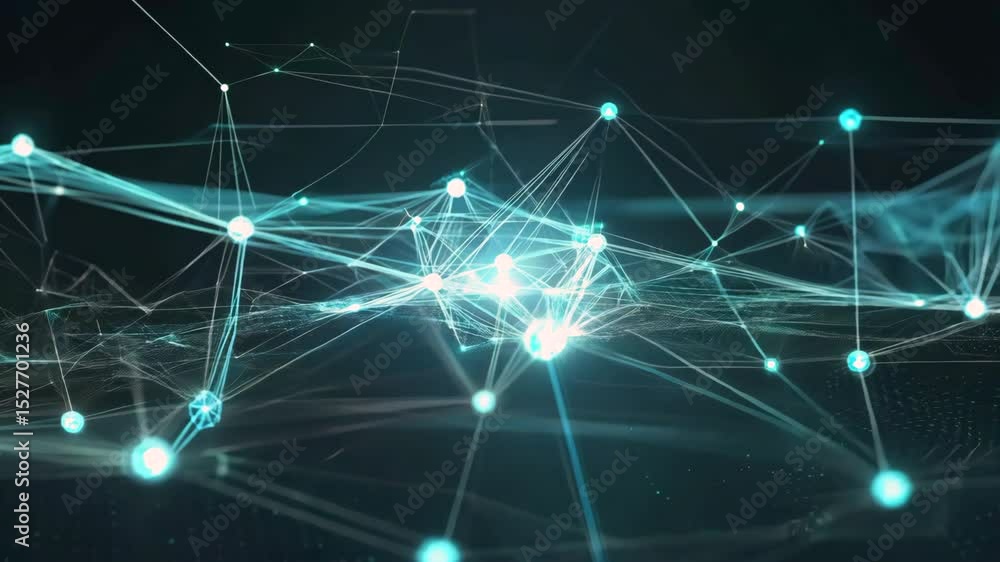 Poster seamless 4k animation showing a digital network with glowing nodes and wireless signals, perfect for